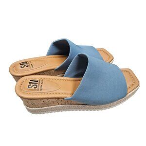 SM New York NIB Blue Wedge Mule Sandals Cork Platform Textile Upper Espadrille